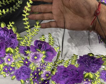 Purple Oaxaca Lace Fabric By Yard, Multi Color Floral and Leaves Embroidery on (Black Mesh) Lace Fabric Mexican Sarape 3D Flower Quinceanera