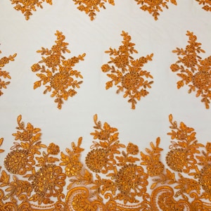Tela de encaje naranja / diseño floral bordado en tela de encaje de malla, vestido de novia de encaje floral cortado a medida (elija un tamaño)
