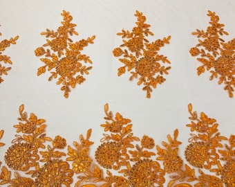 Orange Lace Fabric | Flower Design Embroidered on Mesh Lace Fabric, Floral Bridal Lace Wedding Dress by the Yard (Pick a Size)