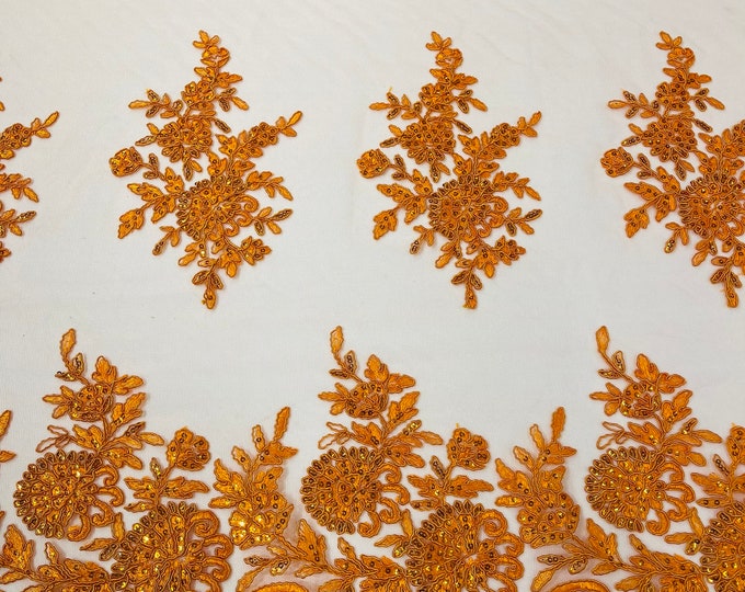 Orange Lace Fabric | Flower Design Embroidered on Mesh Lace Fabric, Floral Bridal Lace Wedding Dress by the Yard (Pick a Size)