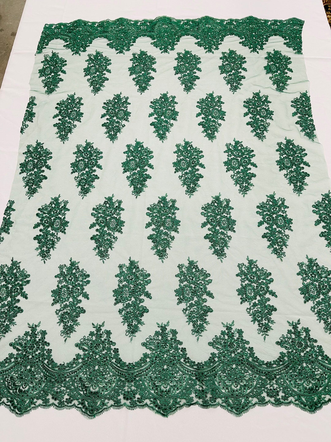 Hunter Green Lace Fabric by the Yard Embroidery With Sequins on a Mesh