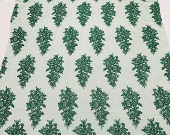 Hunter Green Floral Sequined Lace Fabric: Embroidered Mesh, Bridal Wedding