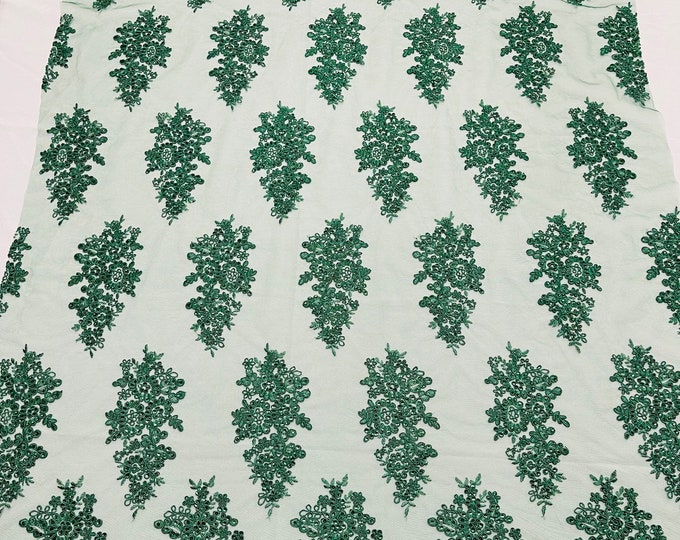 Hunter Green Lace Fabric - by the yard - Embroidery With Sequins on a Mesh Lace Fabric For Wedding-Bridal