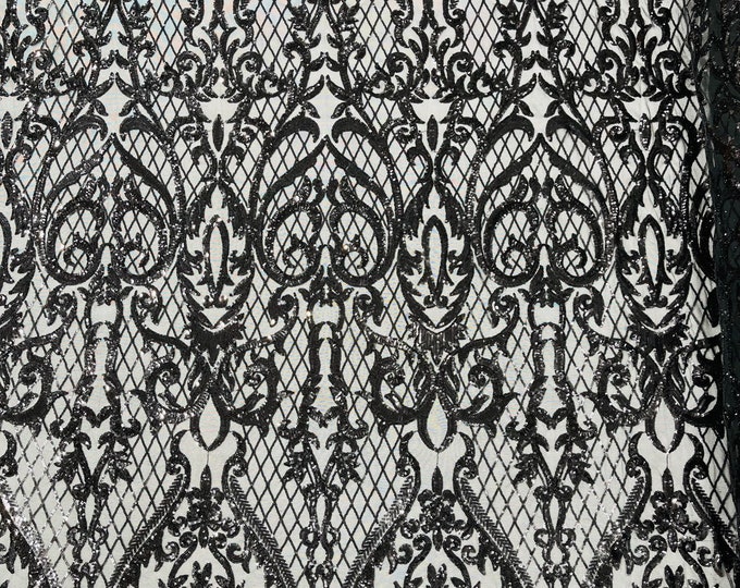 Black Sequins Fabric | 4 Way Stretch Mesh | Embroidered Damask Design With Sequin Lace Prom-Gown by the yard