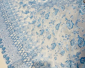 Baby Blue Beaded Sequined Lace Fabric: Embroidered Mesh, Bridal Wedding Dress