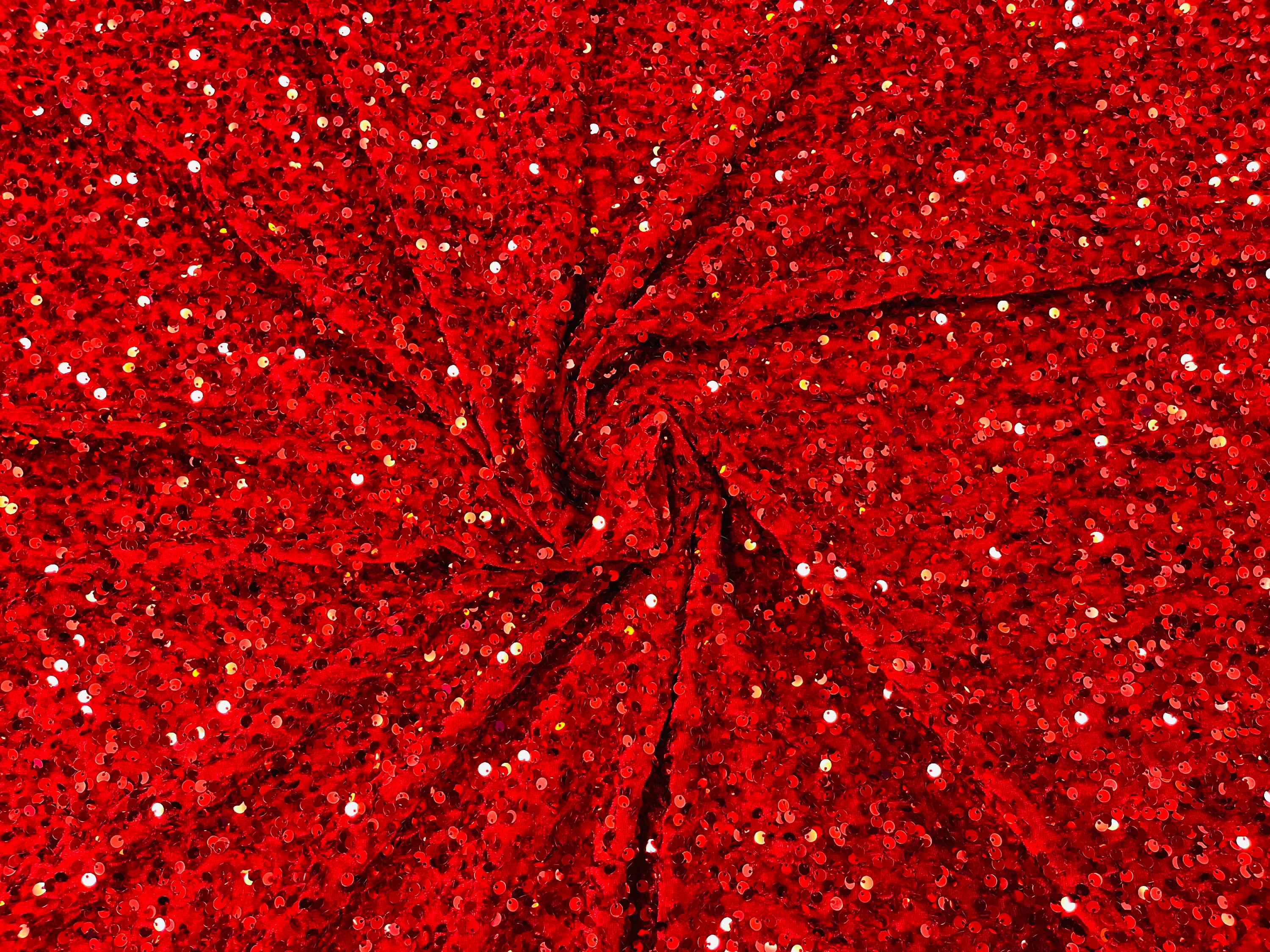 Red All Over Sequins Velvet Fabric. Red Sequin on Stretch Velvet