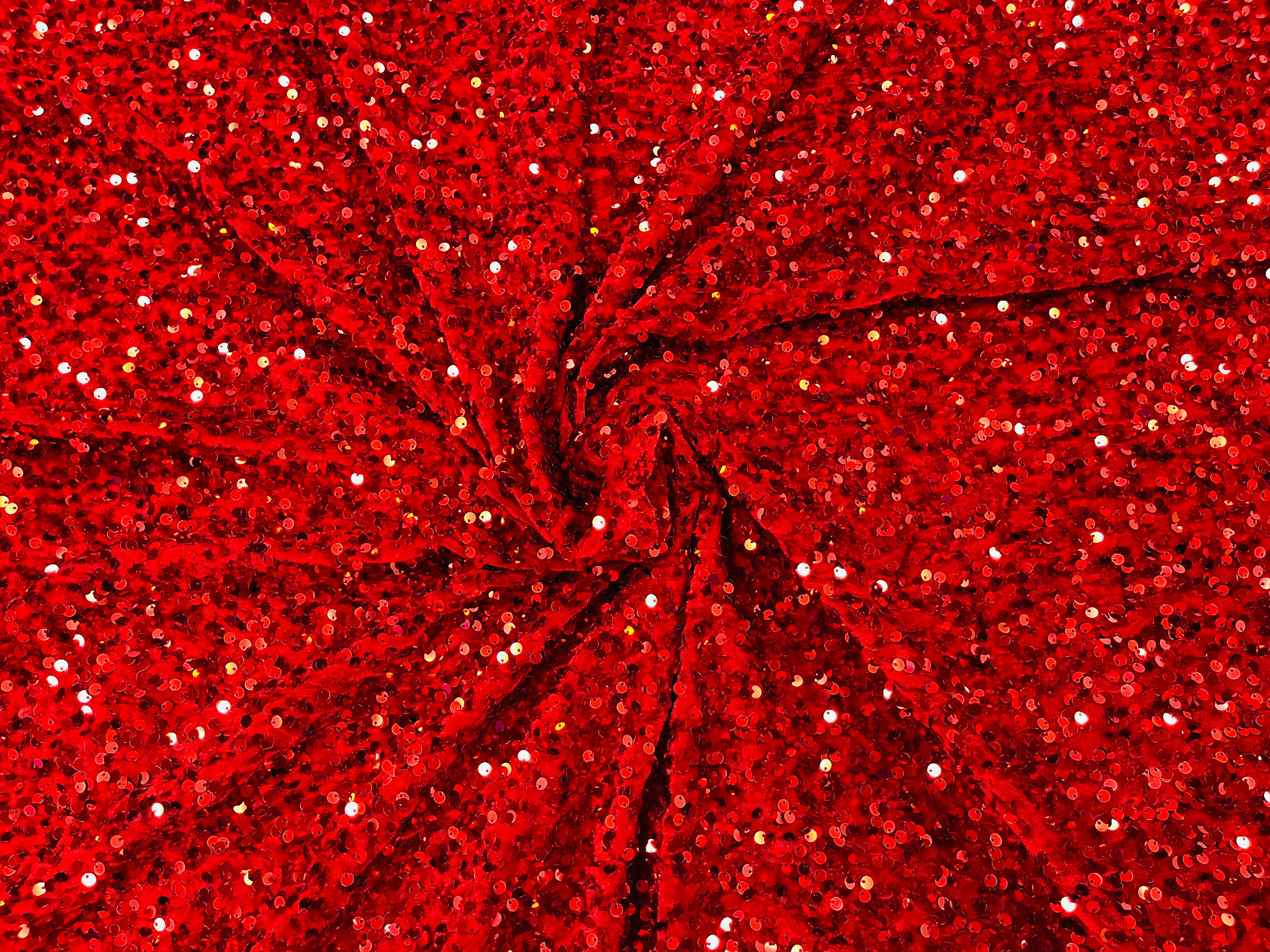 Red All Over Sequins Velvet Fabric. Red Sequin on Stretch Velvet