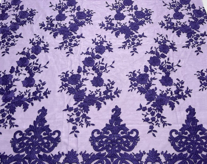 Purple Damask Design Embroidered on Mesh Lace Fabric, Floral Bridal Lace Wedding Dress by the Yard (Pick a Size)