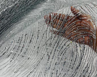 Silver Glitter Sequin on Mesh Lace Fabric, Wedding Decor Fabric Bridal/Prom/Sparkle