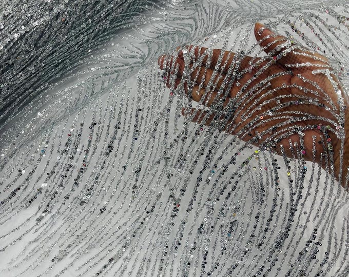 Silver Glitter Sequin on Mesh Lace Fabric, Wedding Decor Fabric Bridal/Prom/Sparkle