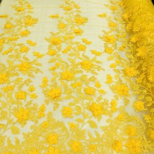 3D Floral Design Embroider and Beaded With Rhinestones on a Mesh Lace-Prom-Fashion-Sold by Yard. Ivory