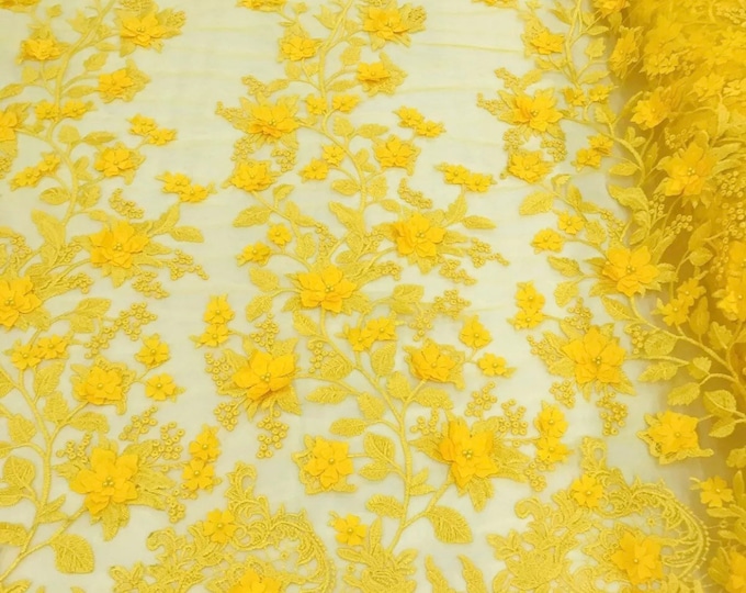 Yellow 3D Floral by the yard Design Embroider and Beaded With Pearls On a Mesh Lace-Prom-Dresses-Nightgown-Apparel-Fashion