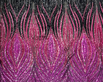 Three Tone Feather Fabric - Magenta/Hot Pink / Black - Wavy Feather Sophia Design 4 Way Stretch Embroidered Sequins By Yard