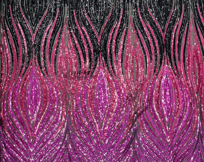 Three Tone Feather Fabric - Magenta/Hot Pink / Black - Wavy Feather Sophia Design 4 Way Stretch Embroidered Sequins By Yard