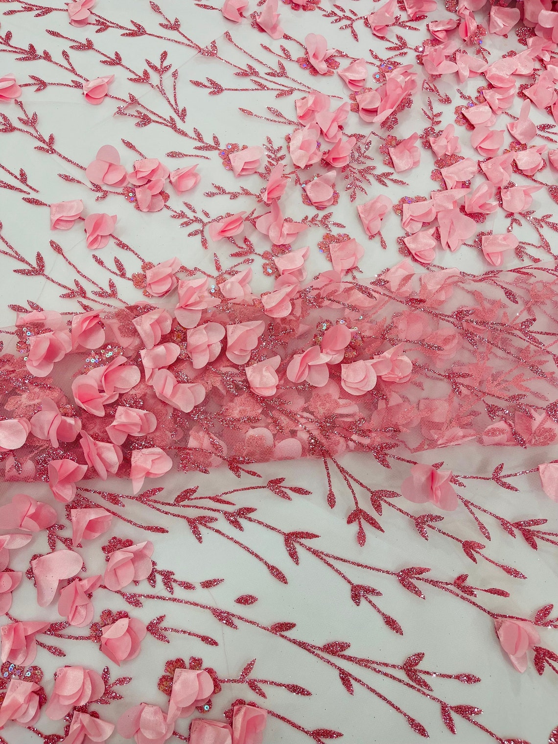 Candy Pink 3D Flower Glitter Sequin Fabric by the Yard, Pink 3D Floral ...