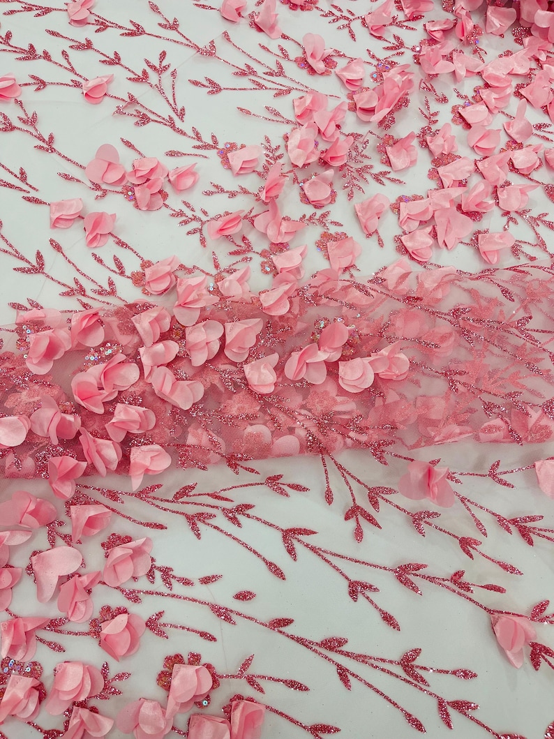 Candy Pink 3D Flower Glitter Sequin Fabric by the Yard, Pink 3D Floral ...