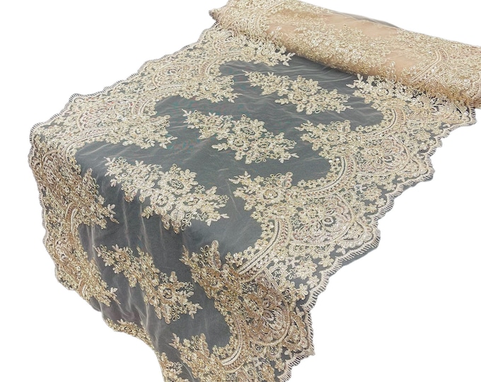 Metallic Champagne Floral Lace Fabric For Runner 21” Wide, by the yard - Embroidery With Sequins on a Mesh Lace Fabric For Applications