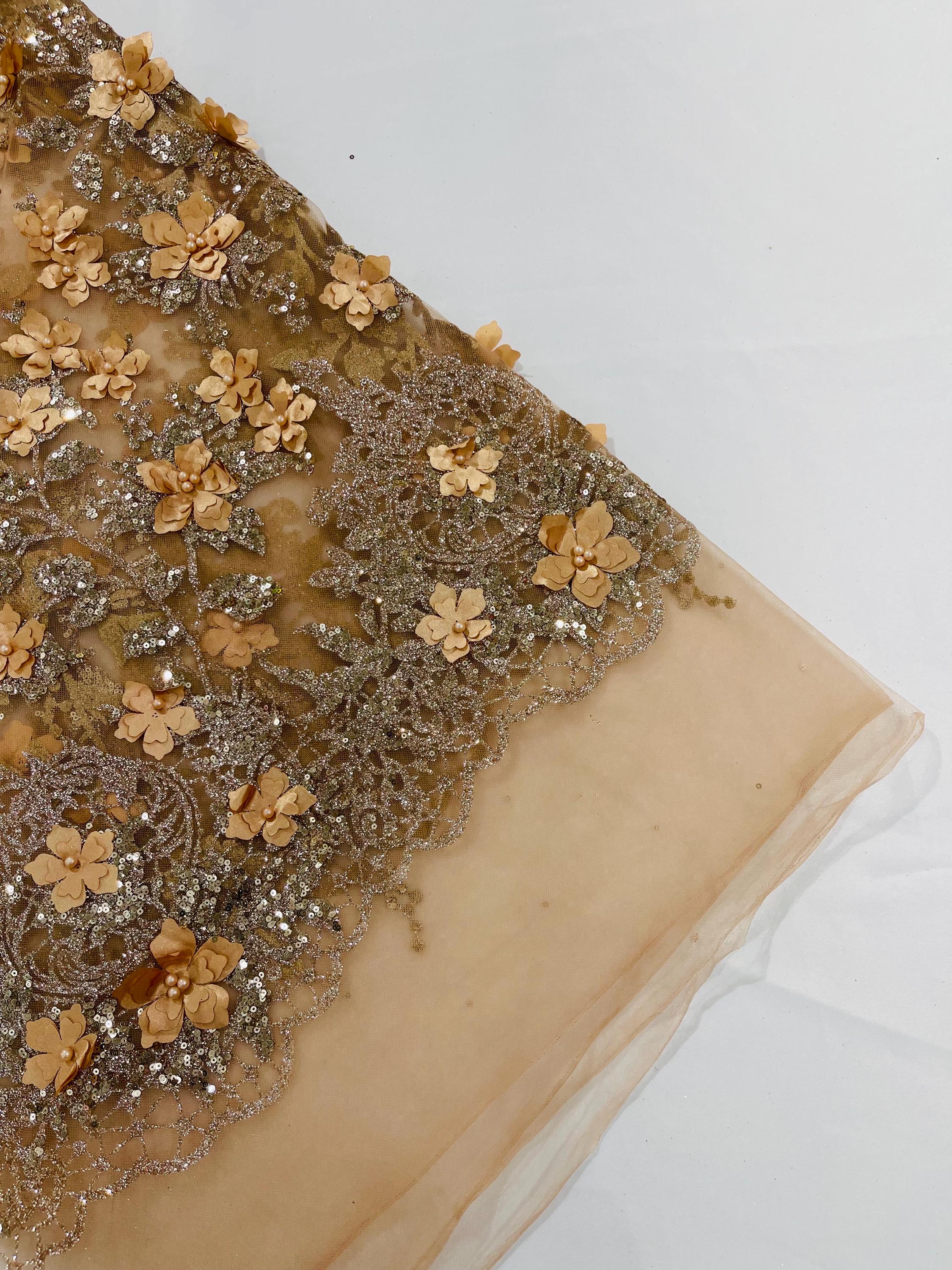 Skin Gold 3D Flower Glitter Sequin Fabric by the Yard, 3D Floral ...