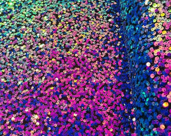 Purple Iridescent Sequin Fabric - by the yard - On Black Spandex Mesh 4 Way Stretch Sequins Fabric, Lace sequins Prom-Gown