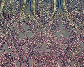 Iridescent Rainbow Sequins Fabric Damask Design 4 Way Stretch Sequin Fabric Sold By The Yard
