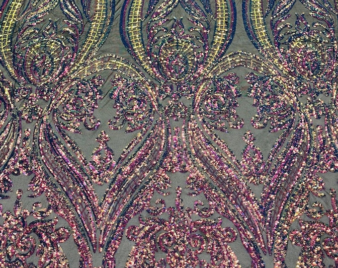 Iridescent Rainbow Sequins Fabric Damask Design 4 Way Stretch Sequin Fabric Sold By The Yard