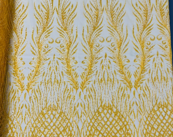 Dk Yellow Beaded Fabric by the yard, Bridal Heavy beaded,Damask Pattern With Beads and Sequin,Appliqué lace for bridals,weddings,prom dress.