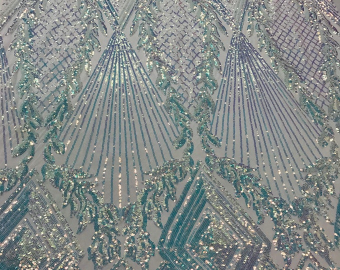 Iridescent Clear Sequin  - 4 Way Stretch Geometric Diamond Design on Mesh Fabric for Prom Gala Gown By The Yard
