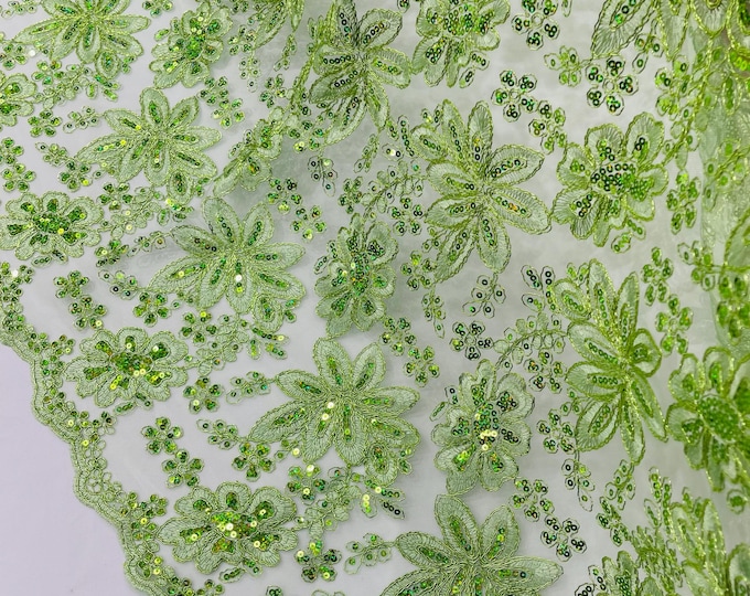 Sage Green Metallic Corded Floral Lace Fabric by the yard: Embroider With Holographic Sequins Fabric