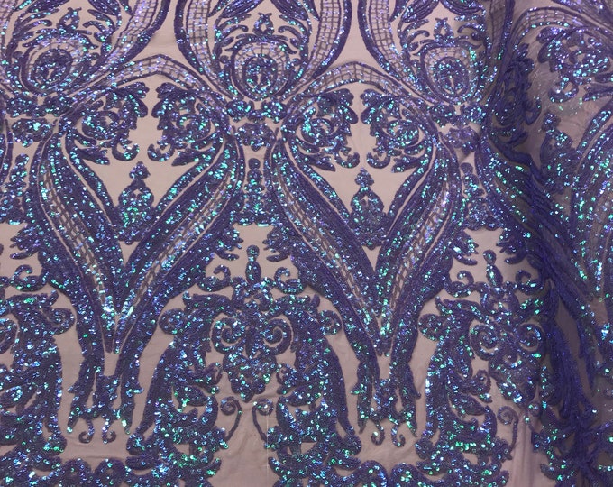 Iridescent Lilac Sequins Fabric - 4 Way Stretch Fancy Big Damask Design Sequins on Spandex Mesh Prom Gala Gown Fabric By The Yard