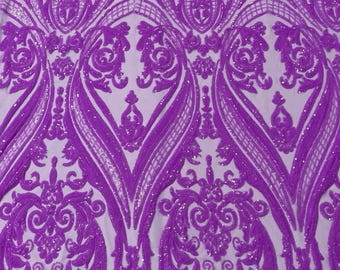 Grape Iridescent Sequin Fabric – Damask Design, 4-Way Stretch