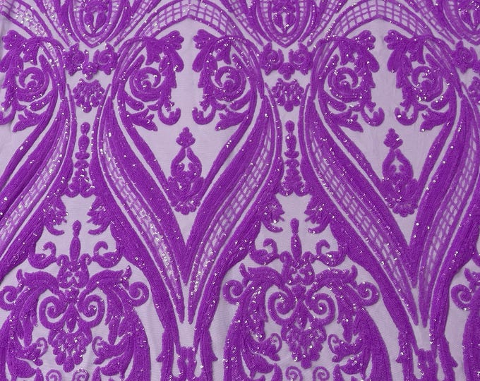 Grape Iridescent Sequin Fabric - 4 Way Stretch Fancy Big Damask Design Sequins on Spandex Mesh Prom Gala Gown Fabric By The Yard