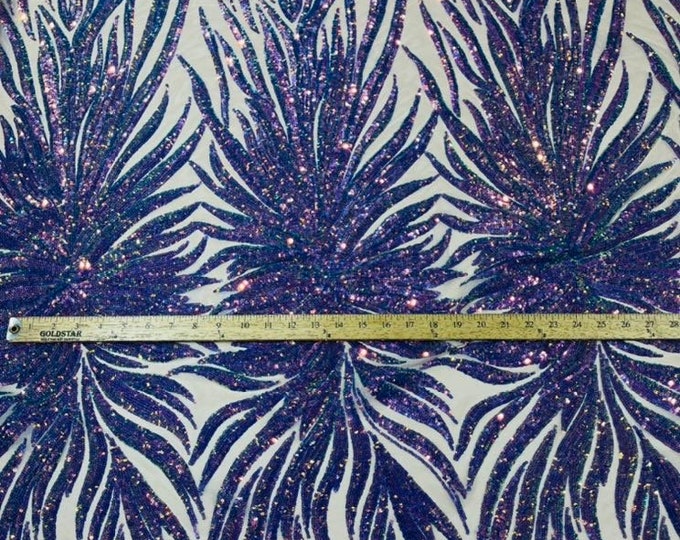 Iridescent Lavender Sequin, Nude Mesh - 4 Way Stretch Phoenix Wing Sequin Spandex Mesh Fabric for Prom Gala Gown Sold By Yard