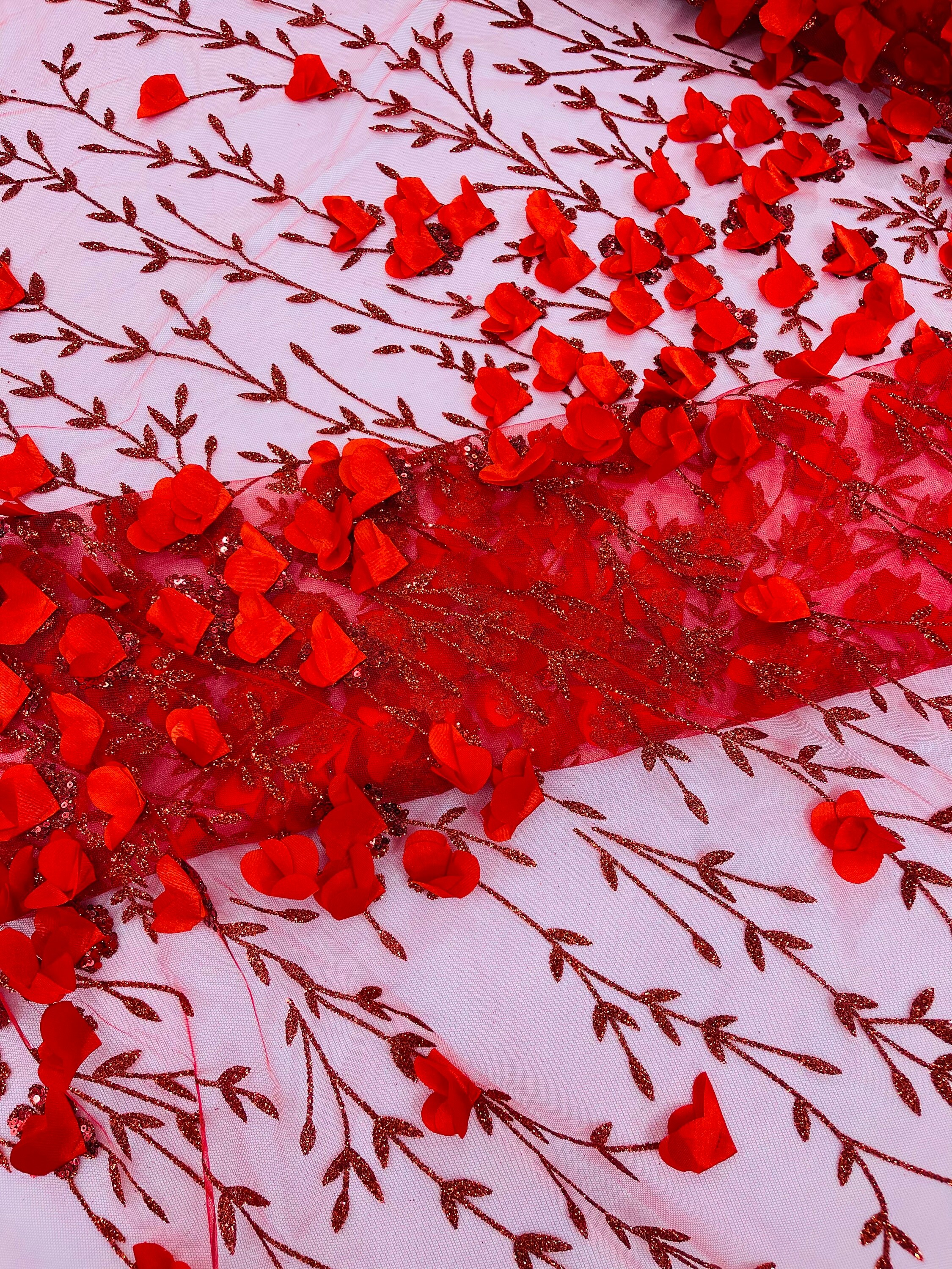 Red 3D Flower Sequin Fabric, Glitter Floral Mesh, Wedding Dress - Etsy