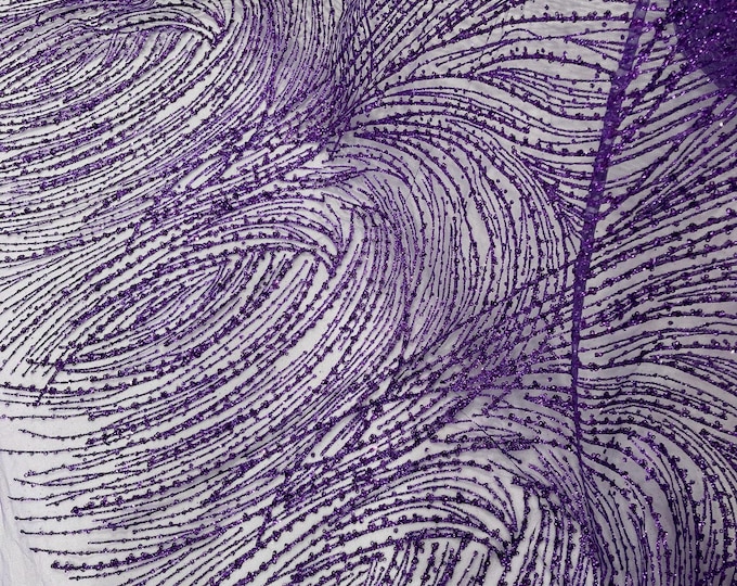 Purple Glitter Sequin on Mesh Lace Fabric, Wedding Decor Fabric Bridal/Prom/Sparkle