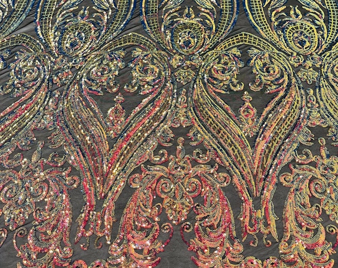 Rainbow Iridescent Sequins - 4 Way Stretch Fancy Big Damask Design Sequins on Spandex Mesh Prom Gala Gown Fabric By The Yard