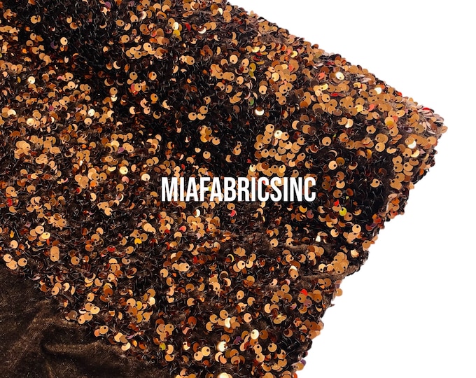 Brown Sequin Fabric on Brown Stretch Velvet - by the yard - all Over 5mm Sequins Velvet 2-way Stretch 58/60” Brown Sequins Velvet Fabric