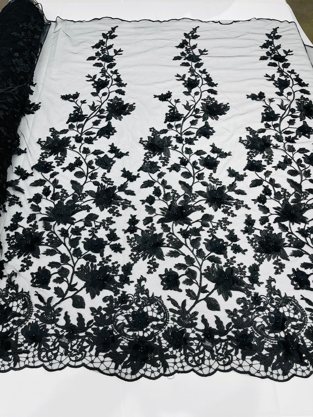 Royalty Fabrics Floral hand beaded design embroider on a mesh lace-prom-sold by the yard. Black main image 1
