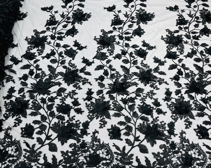Black 3D Floral Design - by the yard - Embroider Flower With Pearls On a Mesh Lace-Prom-Dresses-Nightgown-Apparel