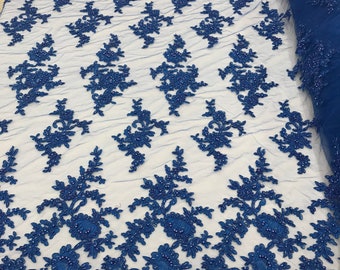 Royal Blue Beaded Floral Lace Fabric: Embroidered Wedding Bridal Mesh, Sold By The Yard
