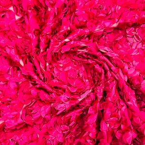 Fuchsia Rosette Fabric 3D Floral Fabric By The Yard, Peony Bouquet Fabric on Mesh, 3D Rosette Satin Fabric Wedding Decor.