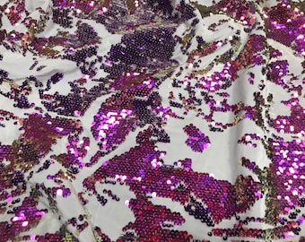 Iridescent Purple Sequin Fabric: White Stretch Velvet, Reversible Sequins