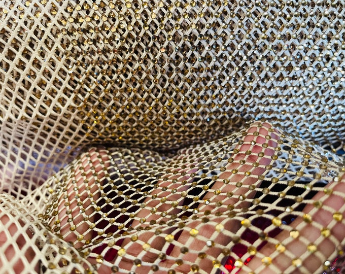 Gold Rhinestone Fabric On Gold Stretch Net Fabric, Spandex Fish Net with Crystal Stones sold by the yard