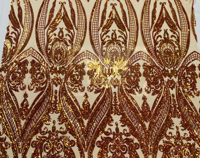Orange Iridescent Sequins - 4 Way Stretch Fancy Big Damask Design Sequins on Spandex Mesh Prom Gala Gown Fabric By The Yard