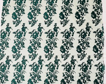 Hunter Green Flower Design Embroidered on Mesh Lace Fabric, Floral Bridal Lace Wedding Dress by the Yard (Pick a Size)