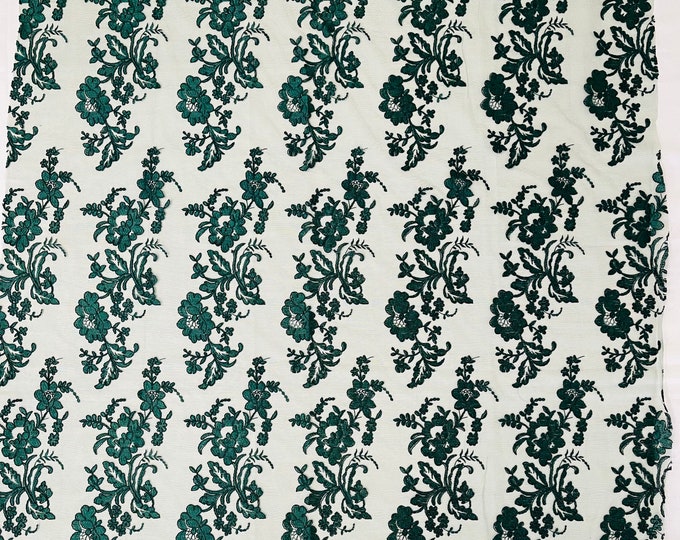 Hunter Green Flower Design Embroidered on Mesh Lace Fabric, Floral Bridal Lace Wedding Dress by the Yard (Pick a Size)