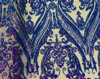 Lavender Iridescent Sequin  - 4 Way Stretch Fancy Big Damask Design Sequins on Spandex Mesh Prom Gala Gown Fabric By The Yard