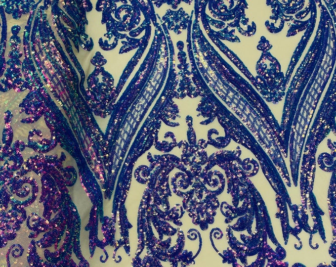 Lavender Iridescent Sequin  - 4 Way Stretch Fancy Big Damask Design Sequins on Spandex Mesh Prom Gala Gown Fabric By The Yard