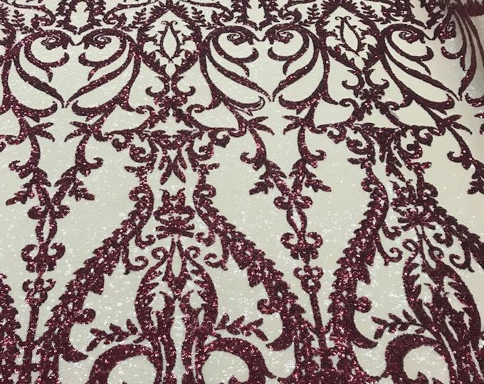 Two Tone Red Sequins Lace Fabric On Mesh Damask Design Embroidered On 4way Stretch Sequin By The Yard -Prom-Gown ( Choose The Size )