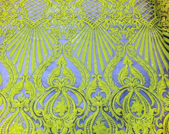 Yellow Sequin Lace Nude Mesh Fabric, Selena Design, Prom Gown Fabric
