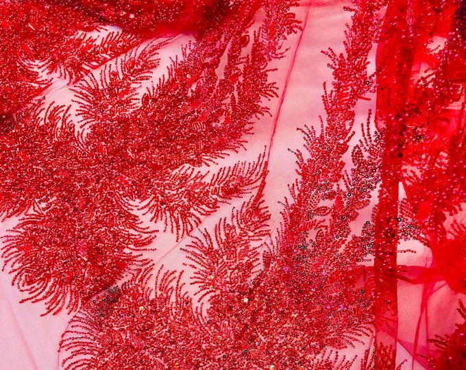 Red Beaded Fabric | Fashion Pattern With Pearls Beads and Sequin, Bridal beaded Prom Dress